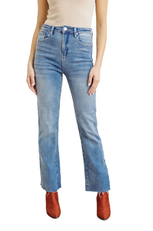 women's denim jeans with belt loopsSlim Flare Side Slit Jeans In Medium Wash