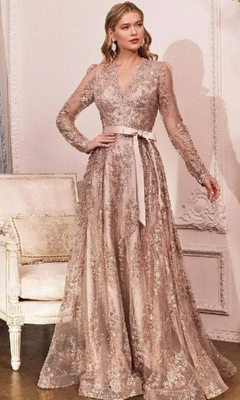 women's pear-shaped body dressesCinderella Divine - CD233 Sheer Long Sleeve V-neck Evening Gown