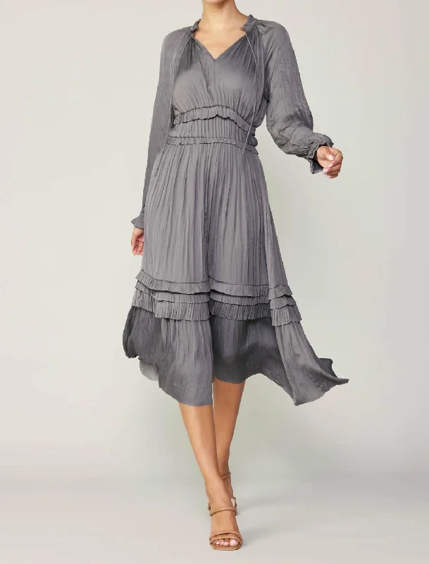 women's satin dressesLeia Pleated Midi Dress In Grey