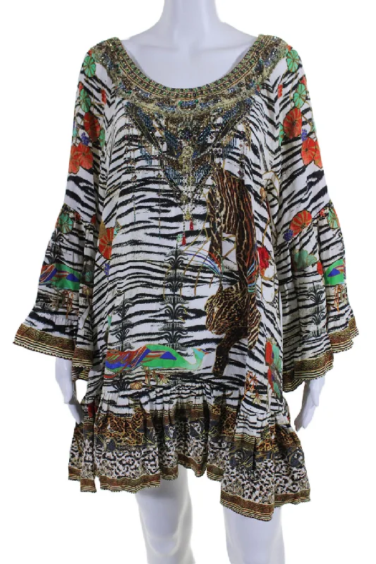 women's designer dressesCamilla Womens Silk Multicolor Mixed Print Bedazzled V-neck Mini Dress