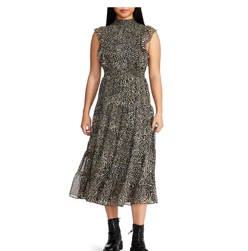 women's tall dressesAnna Animal Print Mock Neck Ruffle Cap Sleeve A-Line Midi Dress In Black