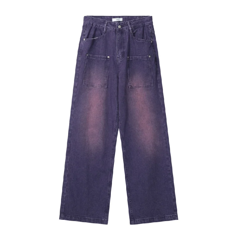 women's acid-washed denim jeansRetro Fading Straight Leg Purple Jeans