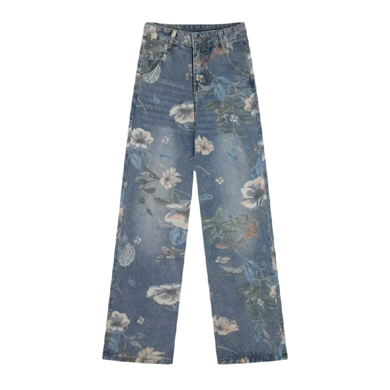 women's denim jeans with button-fly closureHigh Street Floral Print Wide Leg Jeans