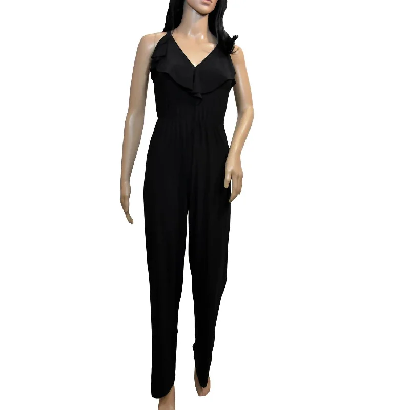 women's cotton pantsRuffle Jumpsuit In Black