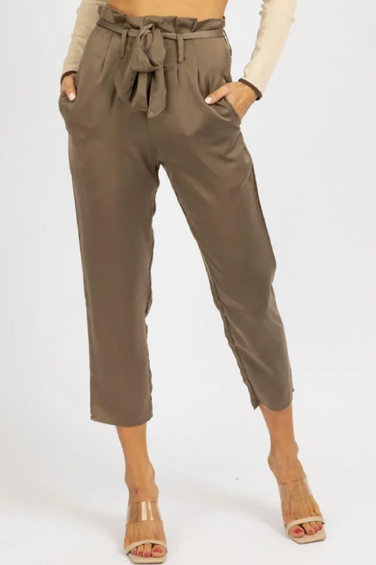 women's running pantsSatin Front Pleat Tie Pant In Olive