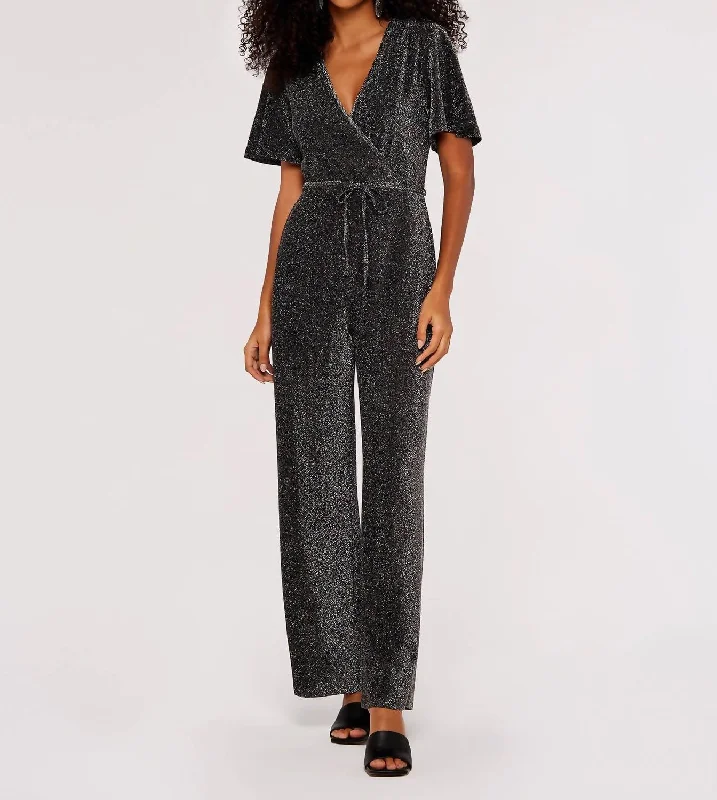 women's polyester pantsSparkle Angel Sleeve Jumpsuit In Light Grey / Silver