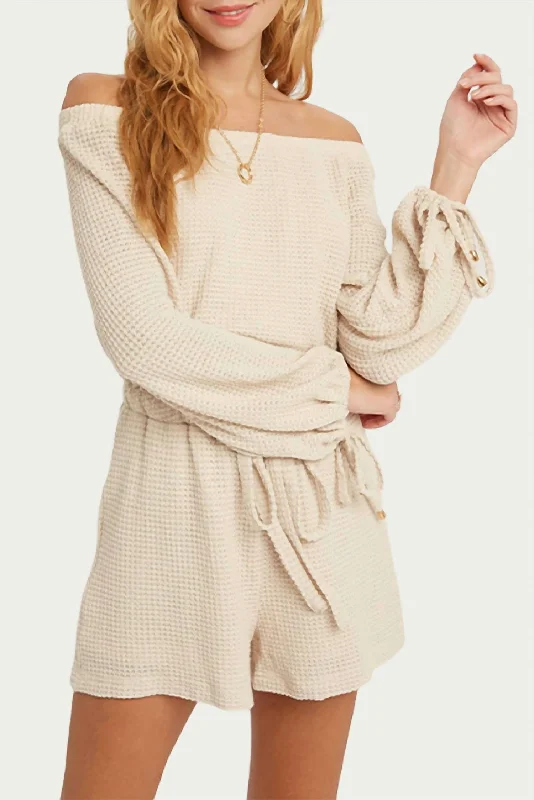 women's party pantsWaffle-Knit Off-The Shoulder Romper In Oatmeal