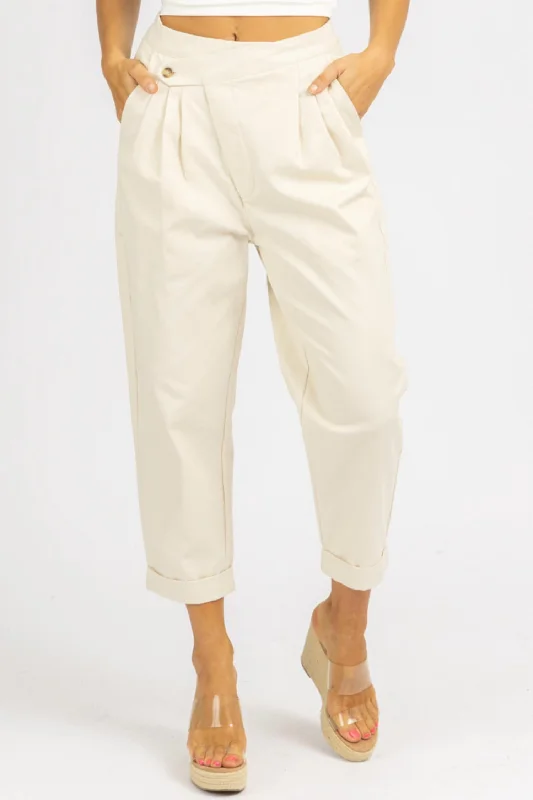 women's sweatpantsWoven Asymmetrical Button Pants In Cream