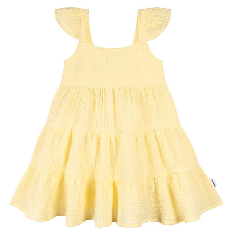 women's stretchy dressesToddler Girls Yellow Tiered Cotton Gauze Dress