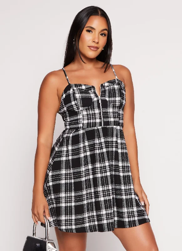 women's empire waist dressesAlmost Famous Plaid Zip Front Skater Dress