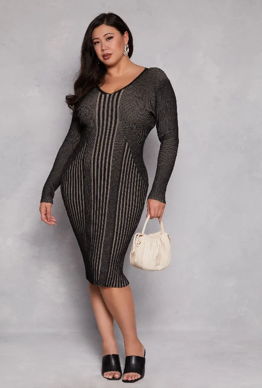 women's machine-washable dressesPlus Size Almost Famous Stripe V Neck Sweater Dress