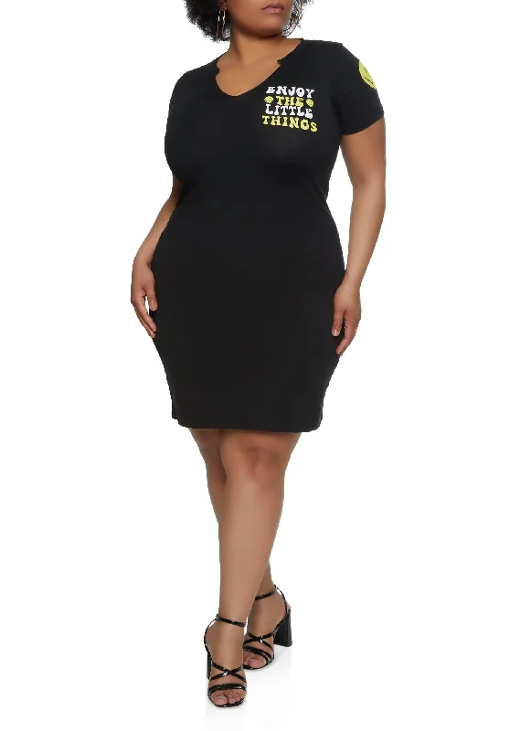 women's wrinkle-resistant dressesPlus Size Enjoy The Little Things Smiley T Shirt Dress