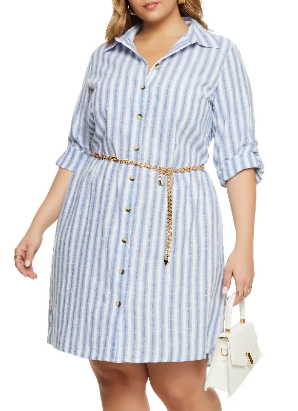 women's one-shoulder dressesPlus Size Striped Tabbed Sleeve Shirt Dress