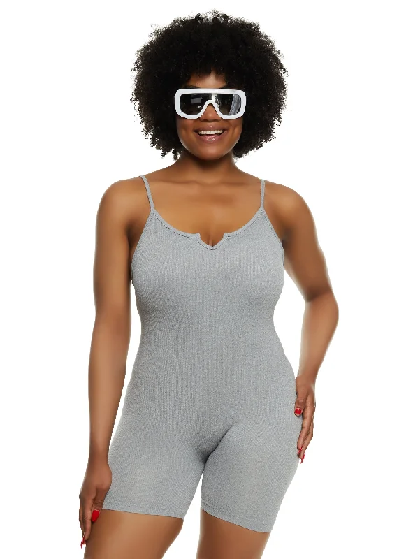 women's stretchy dressesPlus Size Seamless Ribbed Notch Neck Cami Romper