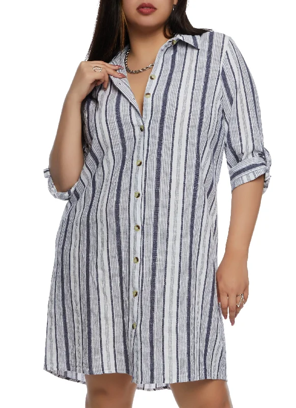 women's flowy dressesPlus Size Striped Button Down Shirt Dress