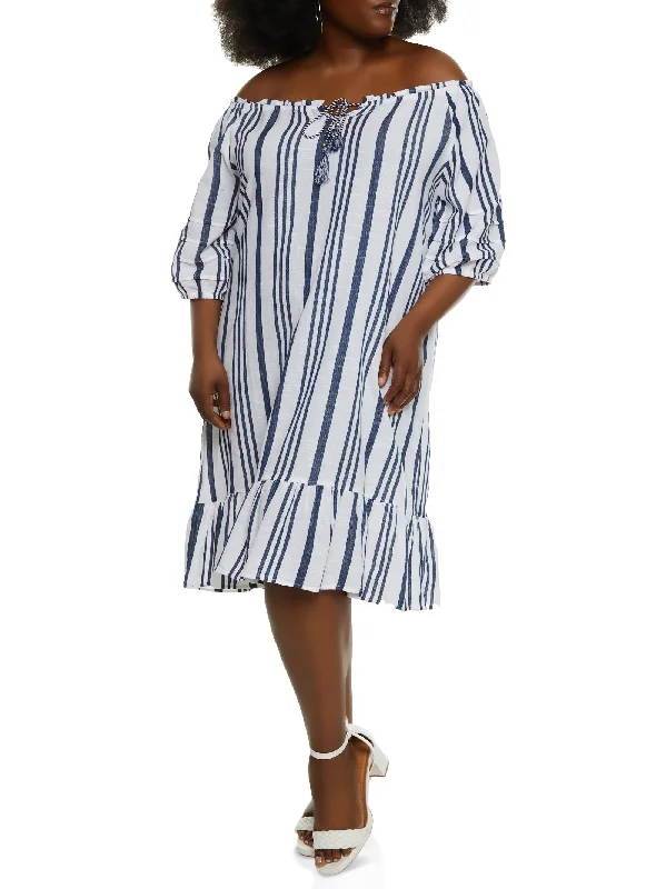 women's work dressesPlus Size Striped Tie Front Off the Shoulder Dress