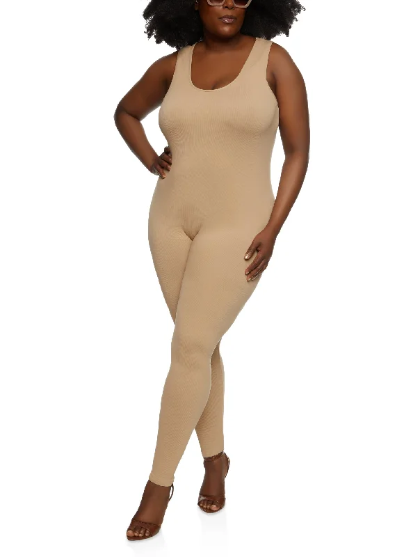 women's bell-sleeved dressesPlus Size Rib Knit Scoop Neck Catsuit