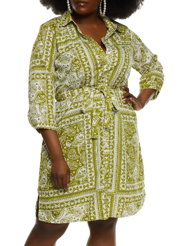 women's velvet dressesPlus Size Paisley Print Belted Shirt Dress