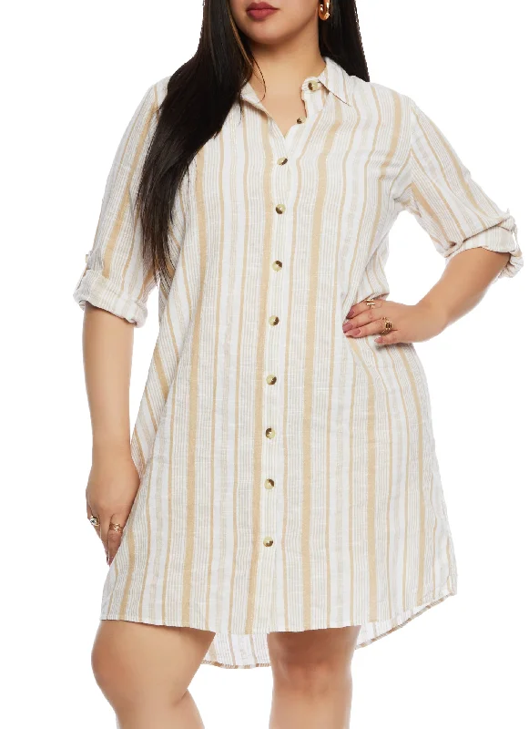 women's silk dressesPlus Size Linen Striped Shirt Dress