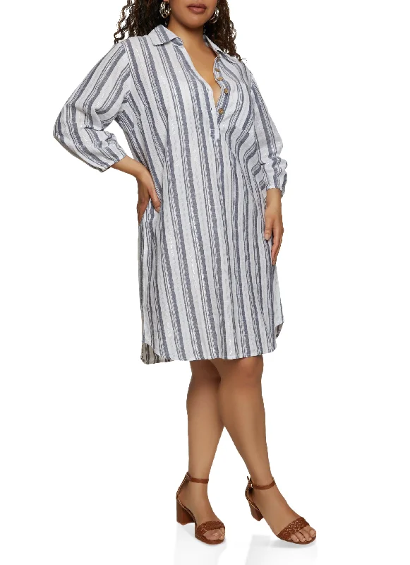 women's pastel dressesPlus Size Stripe Linen Shirt Dress