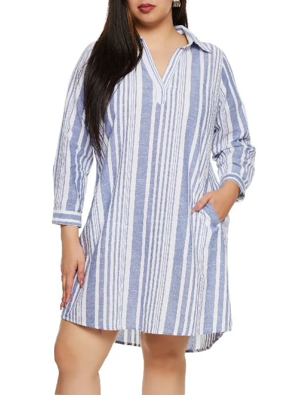 women's ethical fashion dressesPlus Size Striped Linen Shirt Dress