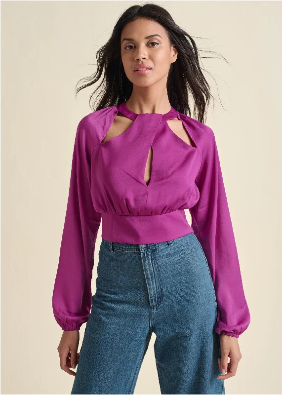 women's one-shoulder dressesCropped Cut-Out Blouse - Dark Pink