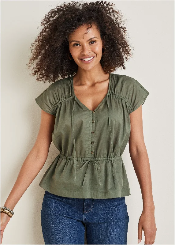 women's cocktail dressesAdjustable Tie Front Top - Olive