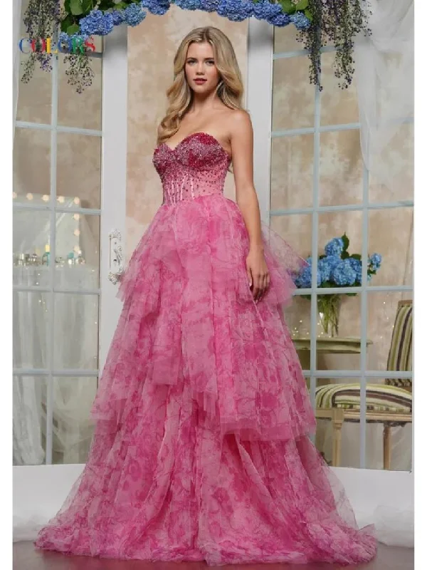 women's flutter-sleeved dressesColors 3572 Beaded Formal Print Ruffle Long Prom Dress