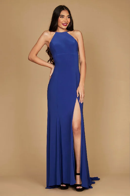 women's striped dressesDylan & Davids Long Fitted Open Back Jersey Prom Dress Royal