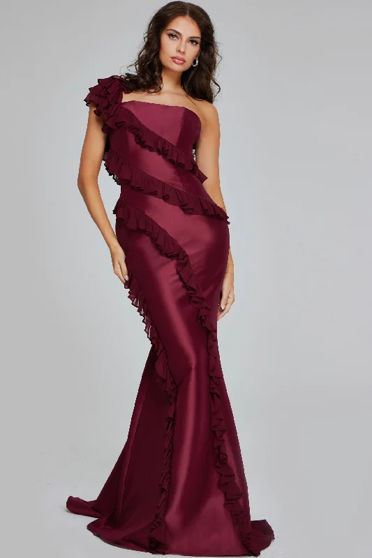 women's one-shoulder dressesJovani 40751 Long Fitted Formal Ruffle Prom Dress