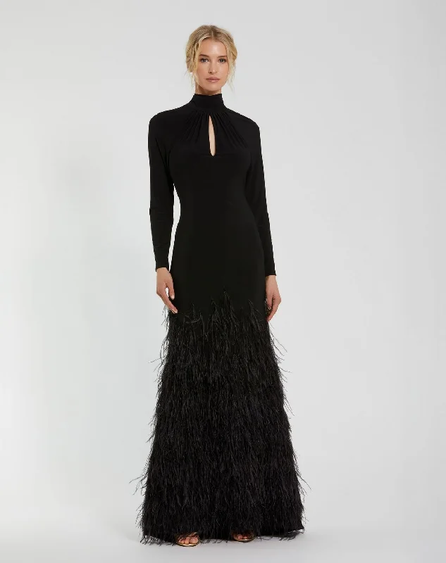 women's cinched-waist dressesMac Duggal 11839 Formal Prom Feather Long Sleeve Dress