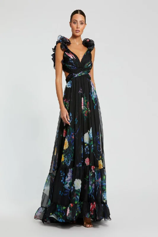 women's cold-shoulder dressesMac Duggal 68746 Long Formal Prom Floral A Line Dress